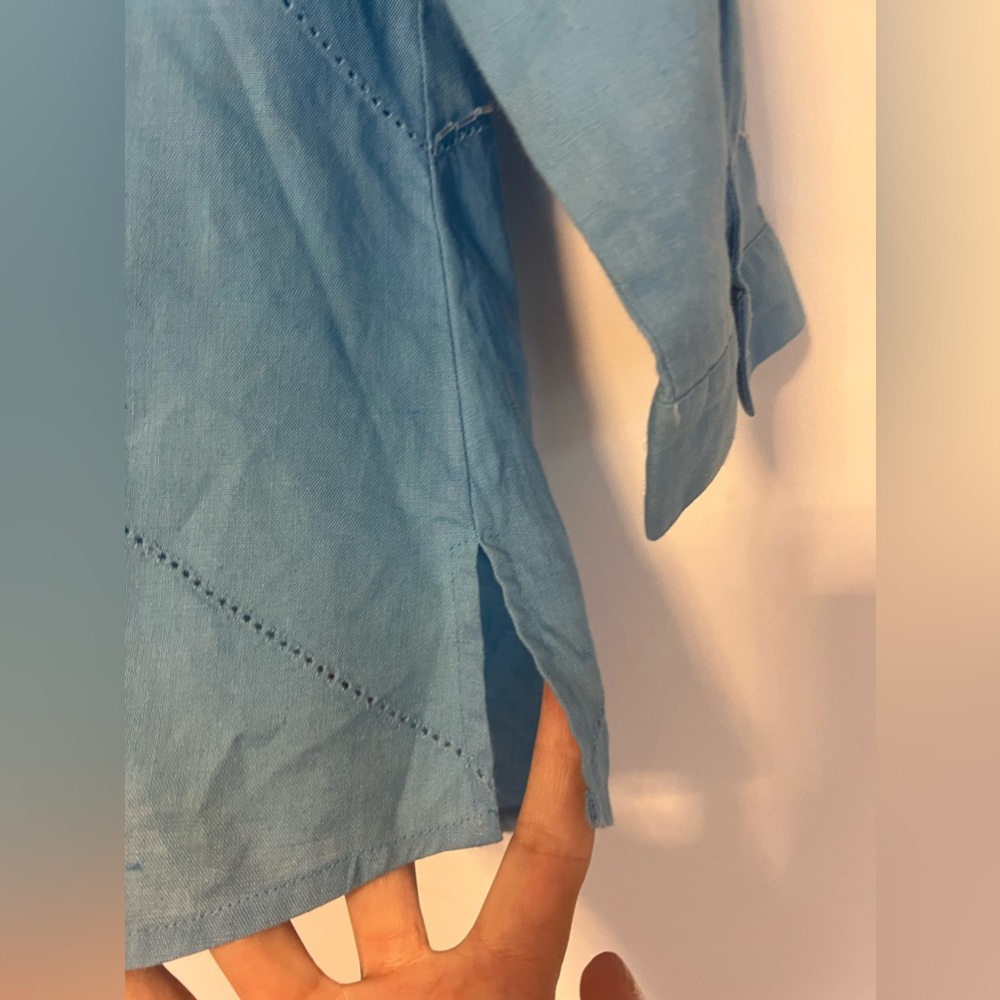 Anne Carson 100% Linen Aqua Blue Button Down 3/4 Sleeve Embellished size M - Picture 7 of 13